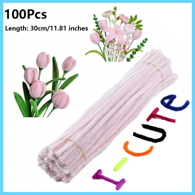 100pcs Colorful Chenille Stems Pipe Cleaners Plush Tinsel Stem Wired Twist Sticks Hair Strip Craft DIY Educational Toys Handmade