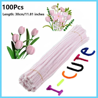 100pcs Colorful Chenille Stems Pipe Cleaners Plush Tinsel Stem Wired Twist Sticks Hair Strip Craft DIY Educational Toys Handmade