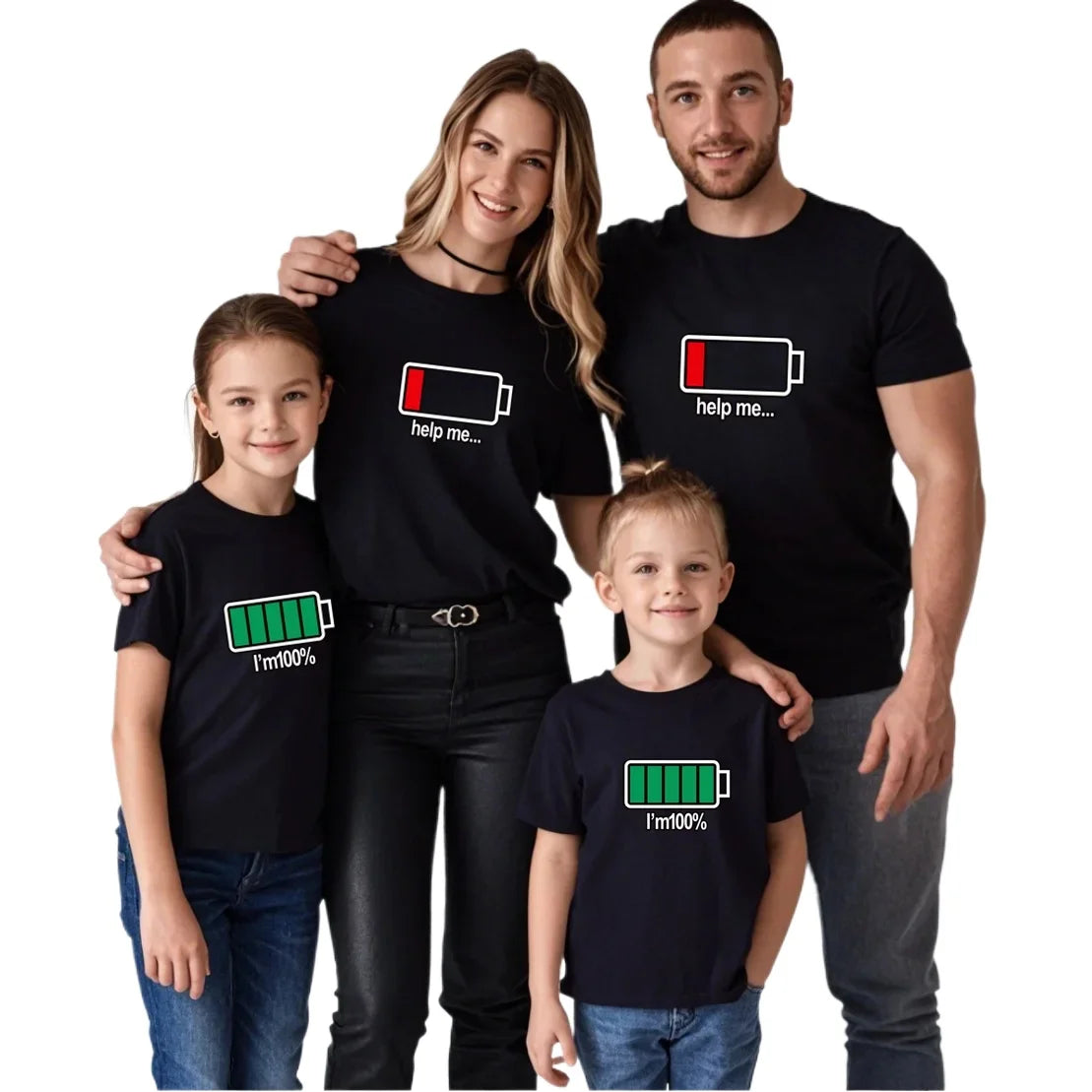 Funny Battery Pattern Family Matching Clothes Daddy Mommy Son Daughter Tops Summer Short Sleeve  Family T-shirt