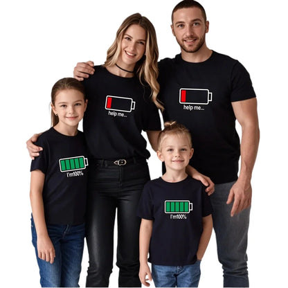 Funny Battery Pattern Family Matching Clothes Daddy Mommy Son Daughter Tops Summer Short Sleeve  Family T-shirt