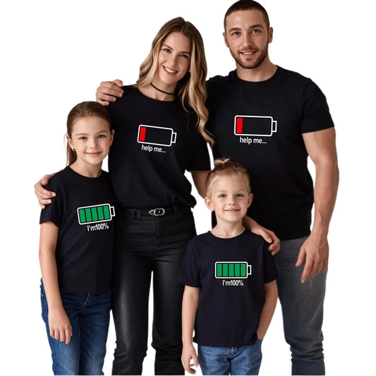 Funny Battery Pattern Family Matching Clothes Daddy Mommy Son Daughter Tops Summer Short Sleeve  Family T-shirt