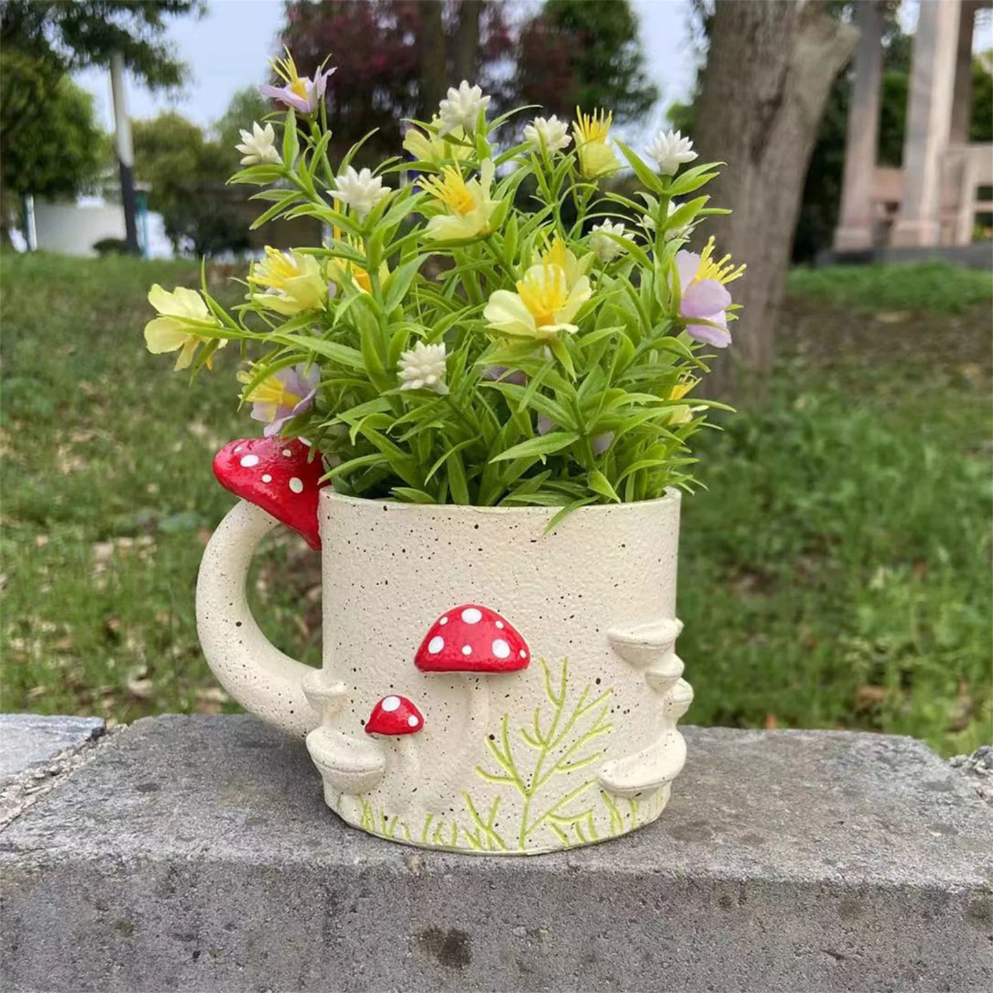 Whimsical Mushroom Cup Design Resin Plant Pot Sculpture Adorable Flower Planter for Outdoor Garden Decoration