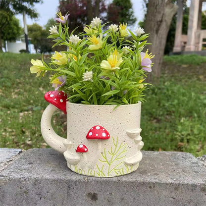Whimsical Mushroom Cup Design Resin Plant Pot Sculpture Adorable Flower Planter for Outdoor Garden Decoration