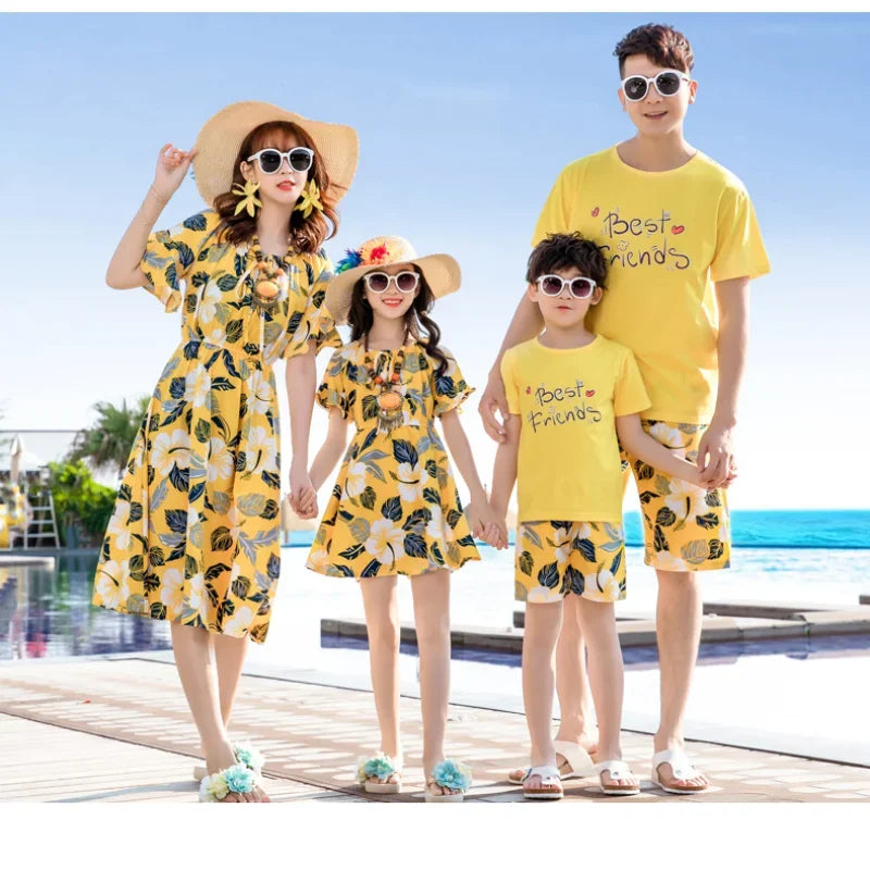 Holiday Family Matching Look Dad Son Resort Tops + Shorts Two Piece Outfit SetsYellow Clothes Mom Daughter Beach Dress Vacation