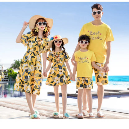 Holiday Family Matching Look Dad Son Resort Tops + Shorts Two Piece Outfit SetsYellow Clothes Mom Daughter Beach Dress Vacation