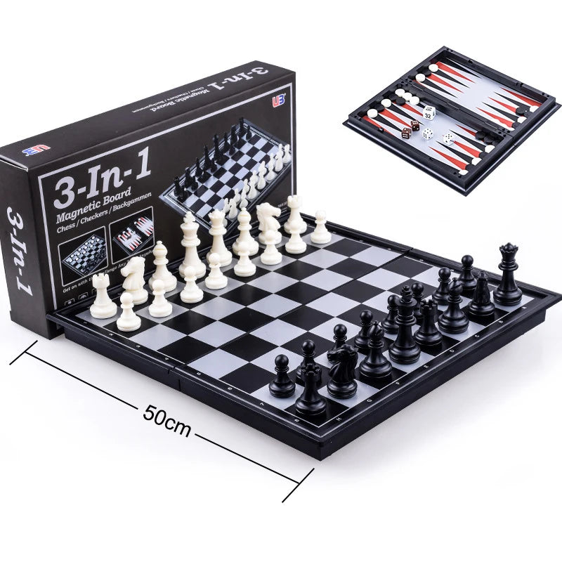 Foldable Magnetic Chess 25CM Checkers Backgammon Game Board 3-in-1 Ideal Tabletop For Family Gathering