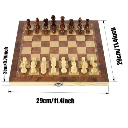 New 3 in 1 Portable Wooden Chess Set - Folding Travel International Chess, Checkers, Backgammon Board Game with Storage Case