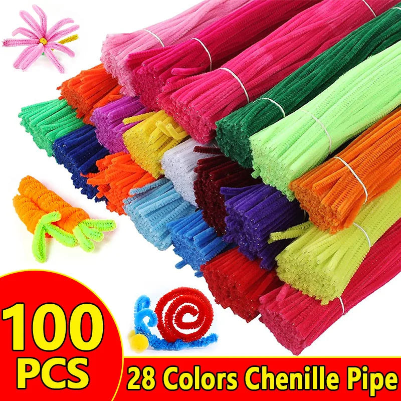 100pcs Colorful Chenille Stems Pipe Cleaners Plush Tinsel Stem Wired Twist Sticks Hair Strip Craft DIY Educational Toys Handmade