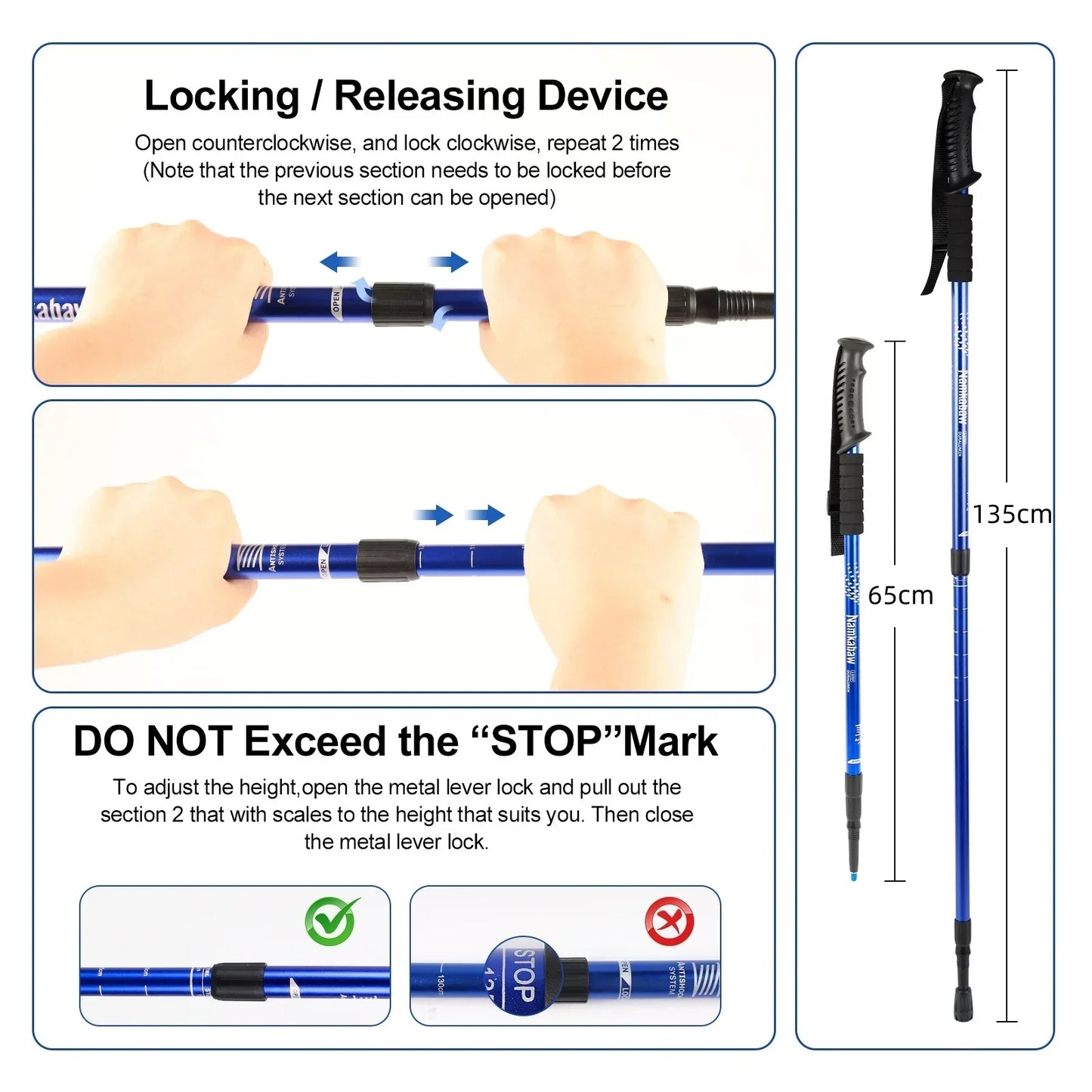 Ultralight Adjustable Trekking Poles 3-Section Aluminum Alloy Nordic Walking Sticks Telescopic Non-Slip for Men And Women Hiking