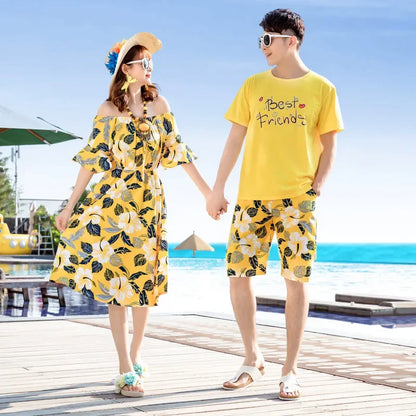 Holiday Family Matching Look Dad Son Resort Tops + Shorts Two Piece Outfit SetsYellow Clothes Mom Daughter Beach Dress Vacation