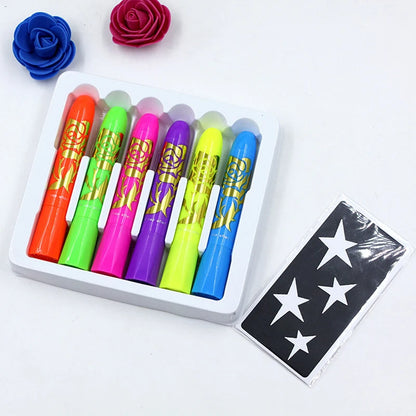 6 Colors UV Neon Crayons Kit Glow in the dark Body Face Paint Washable Water Soluble Face Painting Birthday Party Props