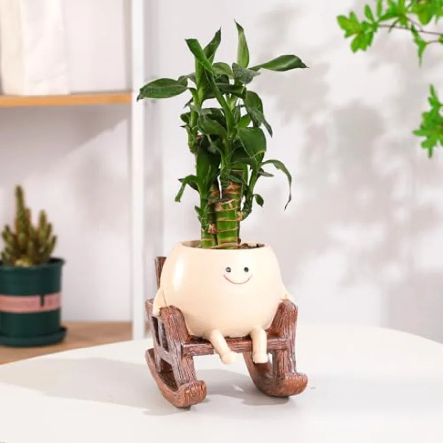 Cute Smiley Face Planter Pots Rocking Chair Resin Planter Pots for Indoor Outdoor Plants with Drainage Hole Unique Gift IdeaI