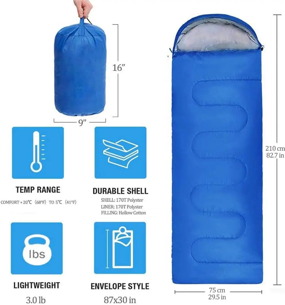 Envelope with Cap Sleeping Bag, Spring Summer Autumn Outdoor Travel Bag, Adult Camping Single Sleeping Bag 210*75CM 5-20 Degree