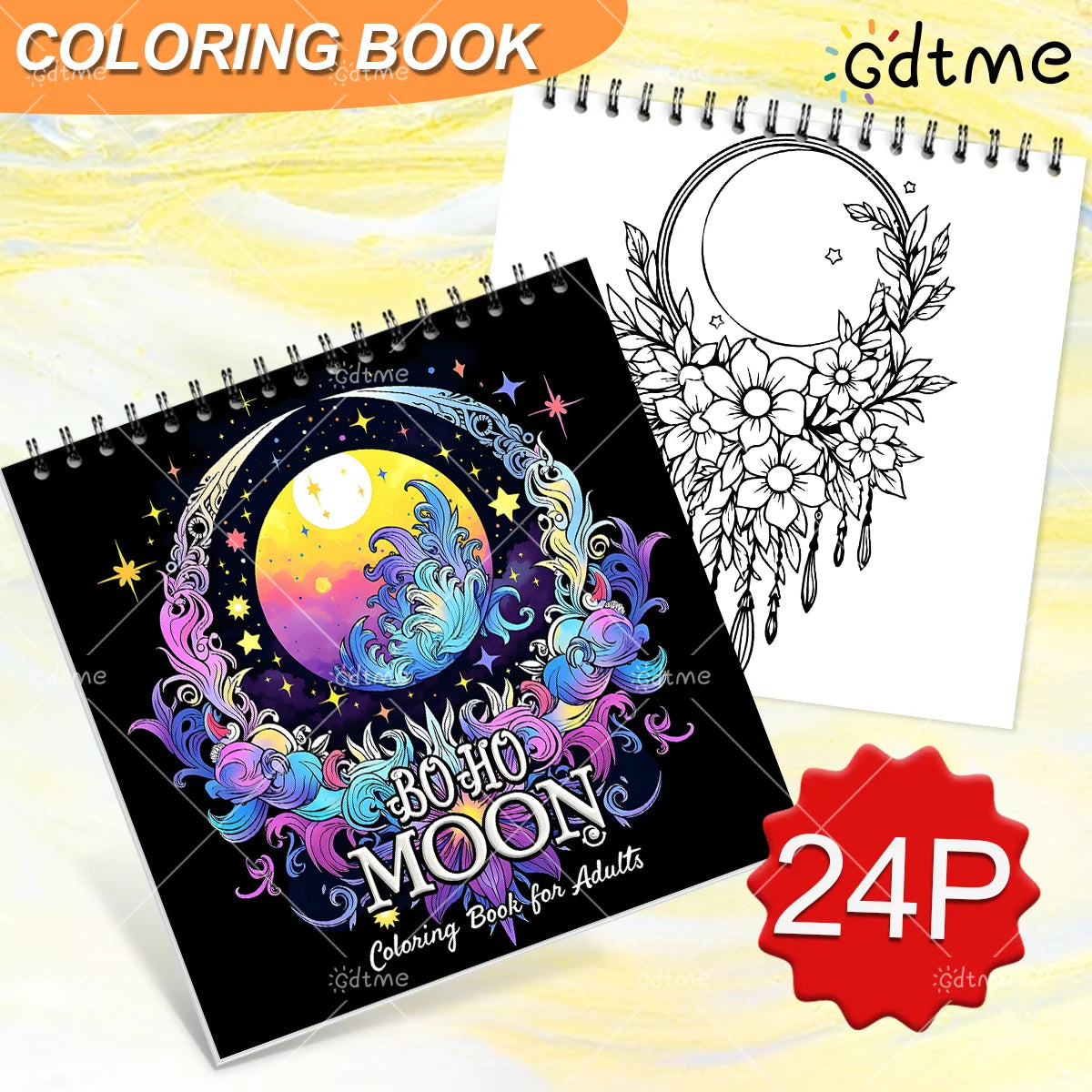 BOHO MOON Coloring Book for Adult Featuring Spiral binding 24pages for Relaxation Kid Educational DIY Painting Drawing Book