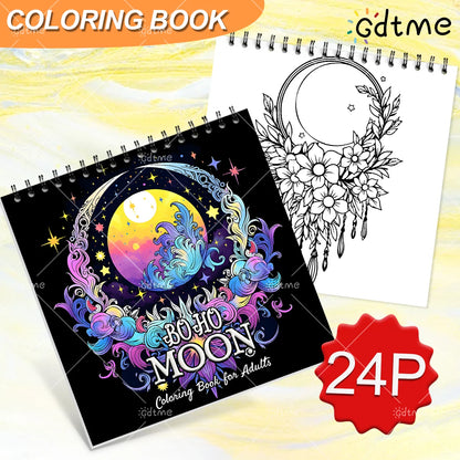 BOHO MOON Coloring Book for Adult Featuring Spiral binding 24pages for Relaxation Kid Educational DIY Painting Drawing Book