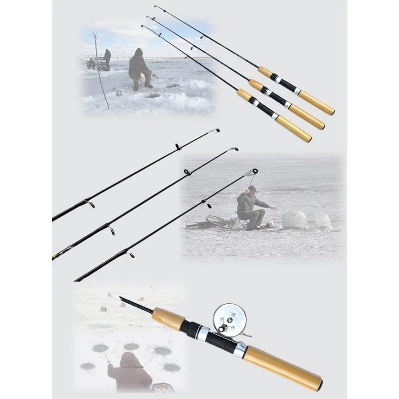 Winter Shrimp Fishing Rods Mini Ice Rod Metal Fishing Reels Elastic Carbon Bait Anti Slip Wood Color Handle Casting Rod pesca