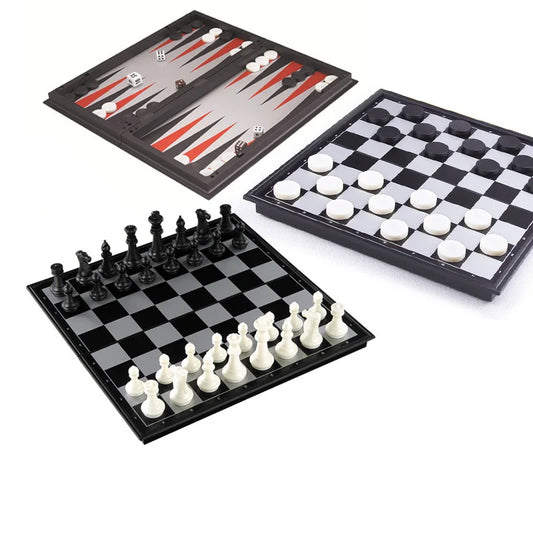 Foldable Magnetic Chess Checkers Backgammon Game Board 3-in-1 Ideal Tabletop For Family Gathering