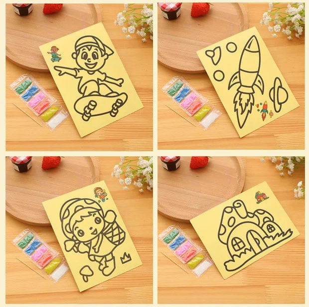 5pcs/lot Kids DIY Color Sand Painting Art Creative Sand Drawing Toys Paper Learn to Art Crafts Education Toys for Children