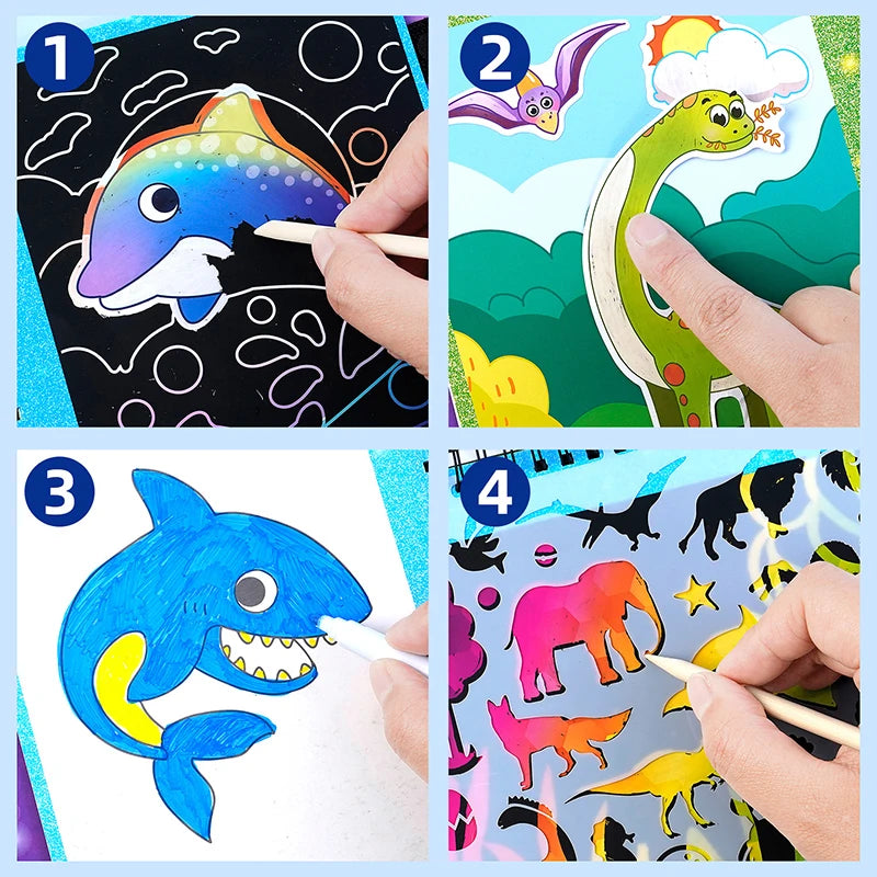 Kid Scratch Art Play Set Colouring Book DIY Drawing Stencils Sticker Creative Craft Toy Kindergarten Activtiy Education Toy Gift