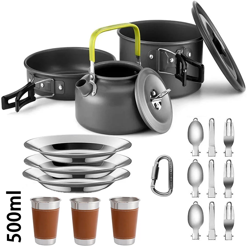 1Set Camping Cooking set Camping Cookware Travel Tableware Outdoor Picnic Set Teapot For 2-3 Peaple Non-stick pots assorted sets