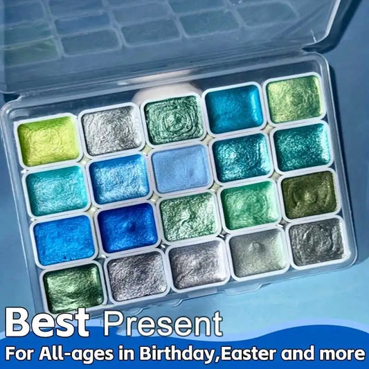 Mini Forestry Shifting Watercolor Painting Set, 20 Color Metallic Watercolor Solid Paint Kit, Shimmer & Glitter Water Color Pain