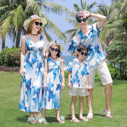 Holiday Resort Family Matching Blue Clothes Vacation Look Daughter Mom Dress Father and Son Beach Tops + Shorts 2 Piece Outfits