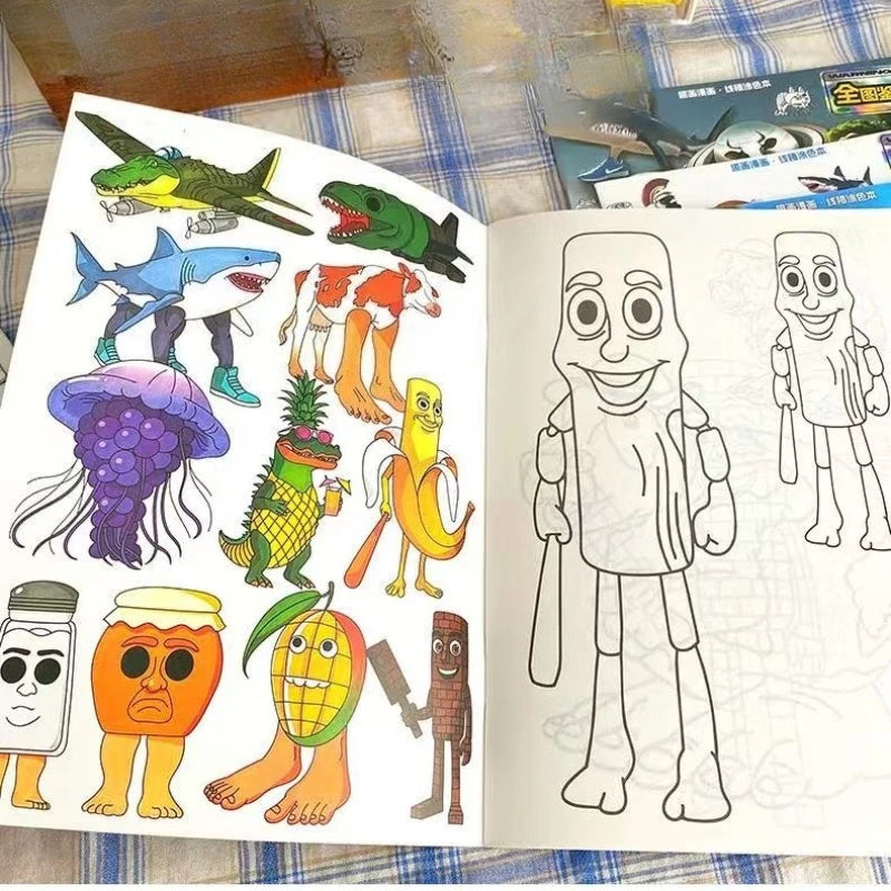 4pcs Drawing Coloring Book Set Italian Brainrot Animals Full Illustrated Line Collection-Tung Tung Tung Sahur Tracing Book, Rich