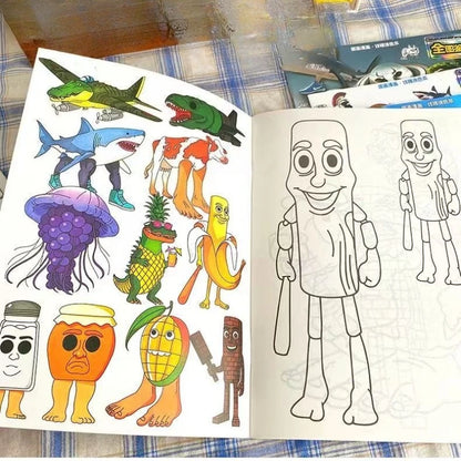 4pcs Drawing Coloring Book Set Italian Brainrot Animals Full Illustrated Line Collection-Tung Tung Tung Sahur Tracing Book, Rich