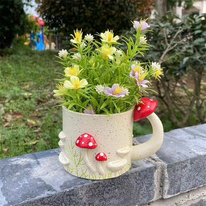 Whimsical Mushroom Cup Design Resin Plant Pot Sculpture Adorable Flower Planter for Outdoor Garden Decoration