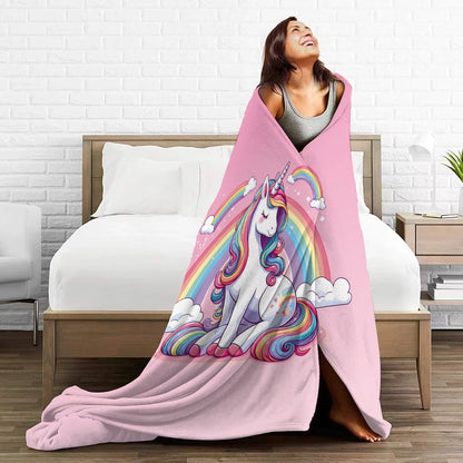 1PC cartoon unicorn and rainball pattern printed blanket, suitable for sofas, beds, travel, camping chairs, warm plush blanket