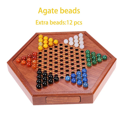1 Set Solid Wood Checkers Set - Agate Marble Checkers - Glass Ball Pachisi - Children's Strategic Puzzle Game