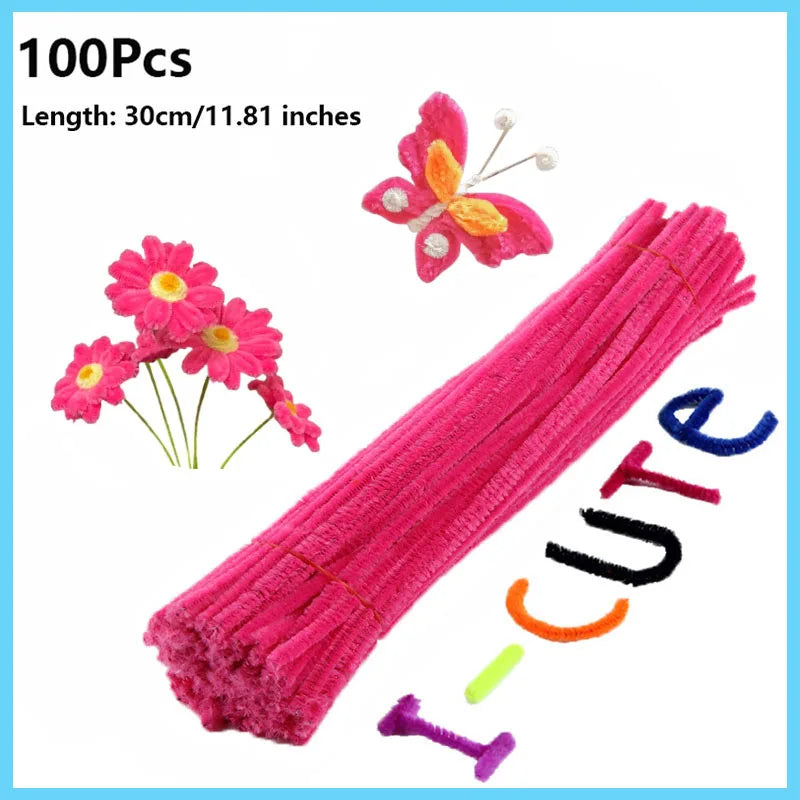 100pcs Colorful Chenille Stems Pipe Cleaners Plush Tinsel Stem Wired Twist Sticks Hair Strip Craft DIY Educational Toys Handmade