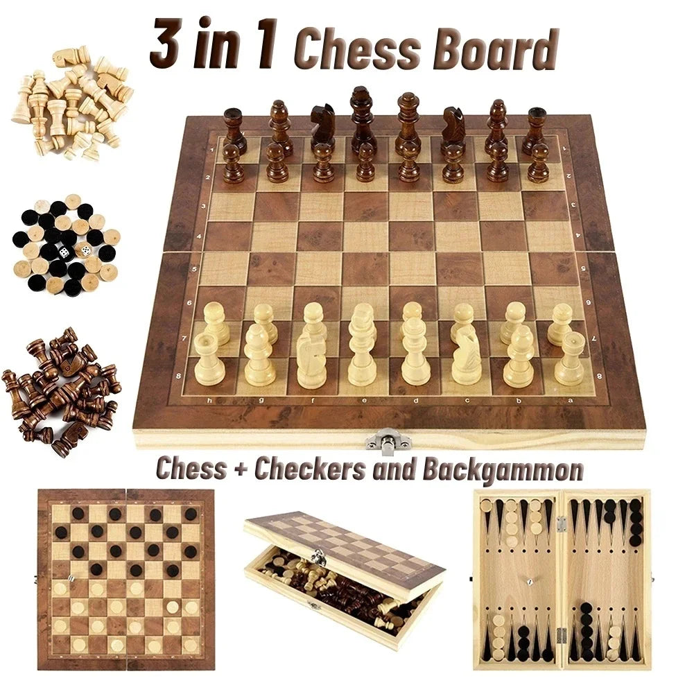 New 3 in 1 Portable Wooden Chess Set - Folding Travel International Chess, Checkers, Backgammon Board Game with Storage Case