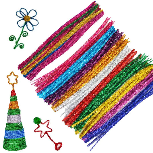 100pcs Glitter Chenille Stems Pipe Cleaners Plush Tinsel Stems Wired Sticks Kids Educational DIY Craft Supplies Toys Craft Xmas