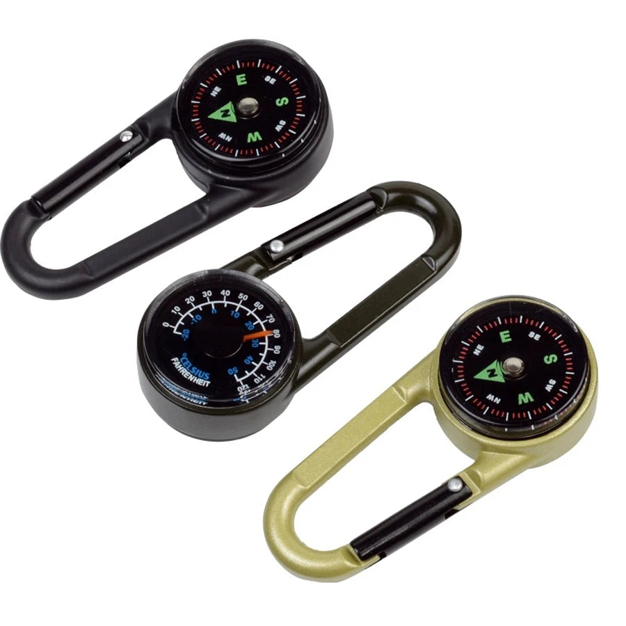 1 Pc Compass Thermometer Carabiner 3 in 1 Mini Compass Carabiner Clip Outdoor Hiking Survival Key Ring Double Sided Metal