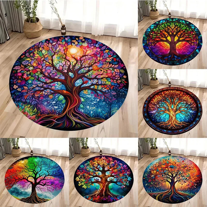 Tree of Life Round Rug Nature Mandala Rug Ancient Spiritual Decor Carpet Meditation Space Rug Washable and Non Slip Floor Mat