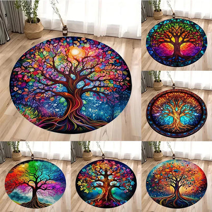 Tree of Life Round Rug Nature Mandala Rug Ancient Spiritual Decor Carpet Meditation Space Rug Washable and Non Slip Floor Mat