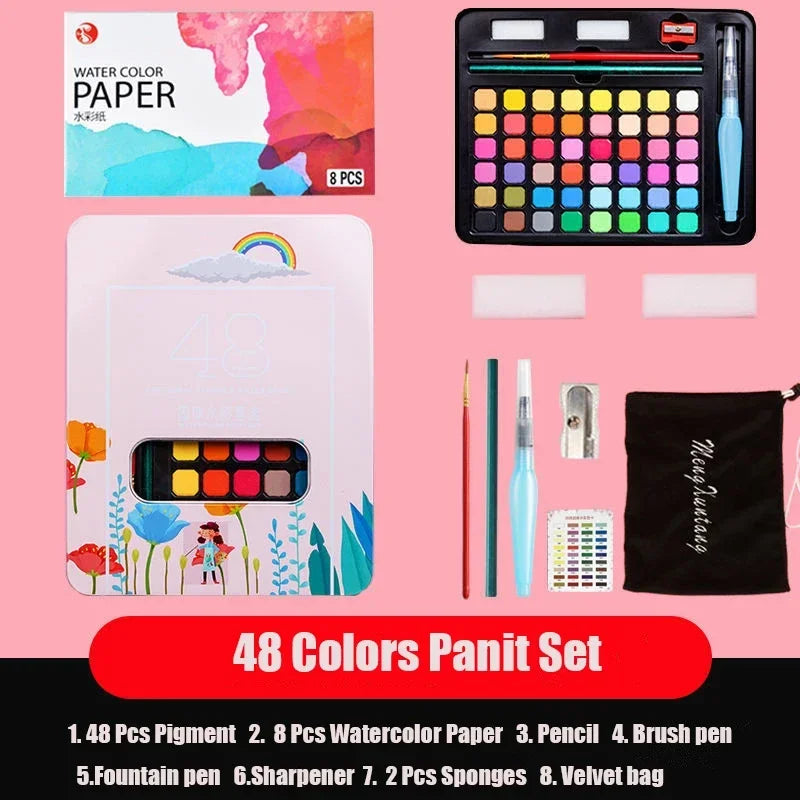 Watercolor Painting  48 Colors Solid Water Color Paint With Brush&Paper Drawing Set Art Supplies for Artists Beginner