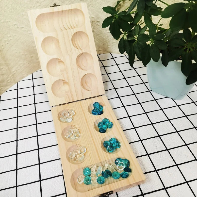 Authentic Wooden Mancala Board Game - Handcrafted Traditional African Mancala Set with Beads