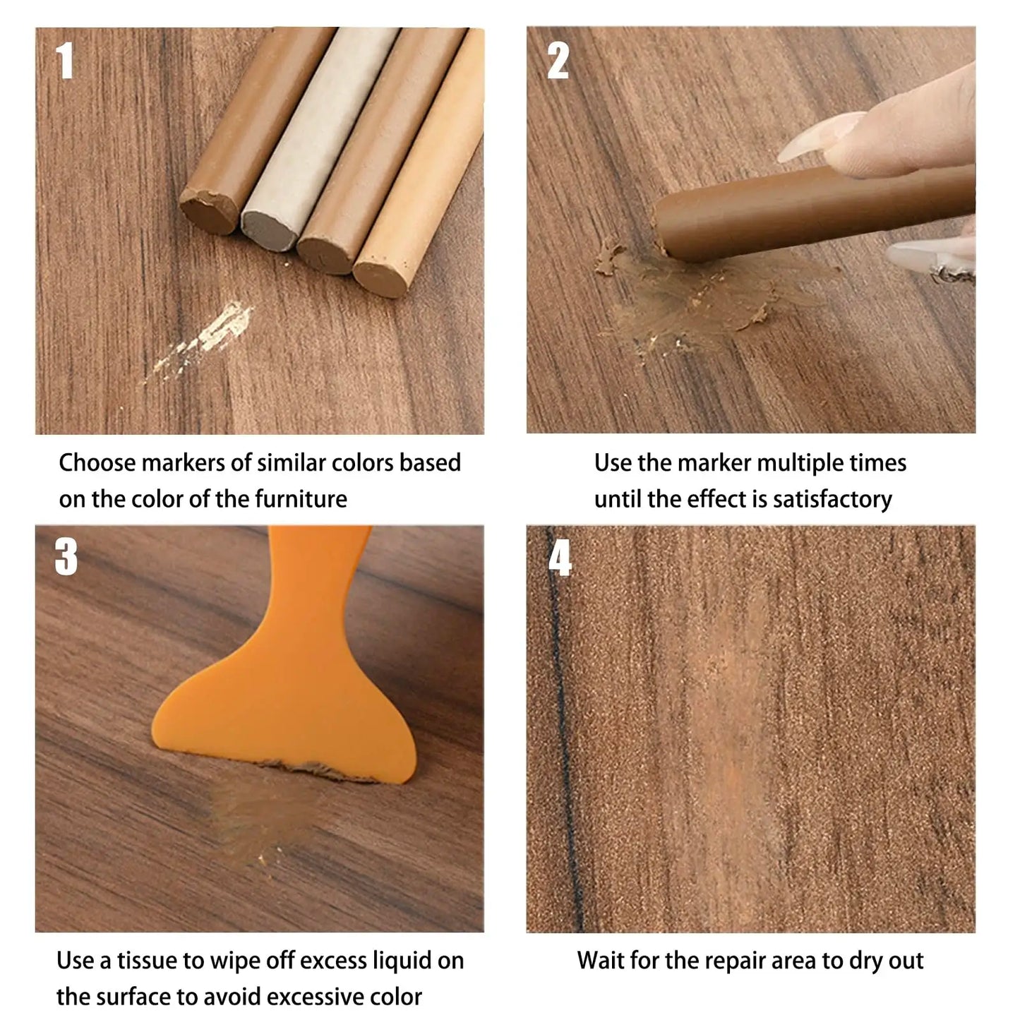 12-Pack Wooden Furniture Repair Kit - Wax Crayons/Pens for Filling Scratches on Floors/Tables