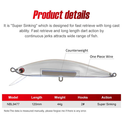 Noeby 120mm 44g Heavy Sinking Minnow Fishing Lure Long Casting Wobbler Artificial Hard Bait for Sea Bass Saltwater Fishing Lure