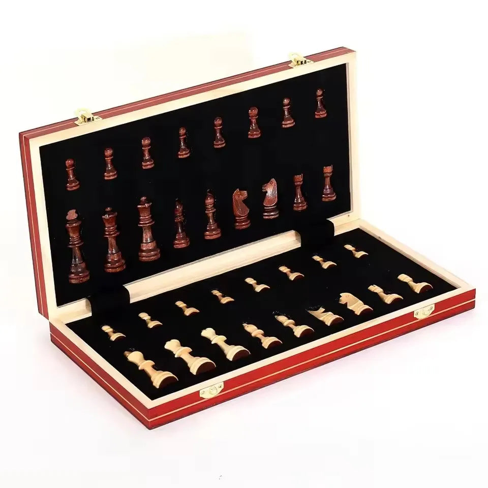 Folding Wooden Portable Chess Game Board Wooden Chess Board for Adults(Chess + Checkers and Backgammon)
