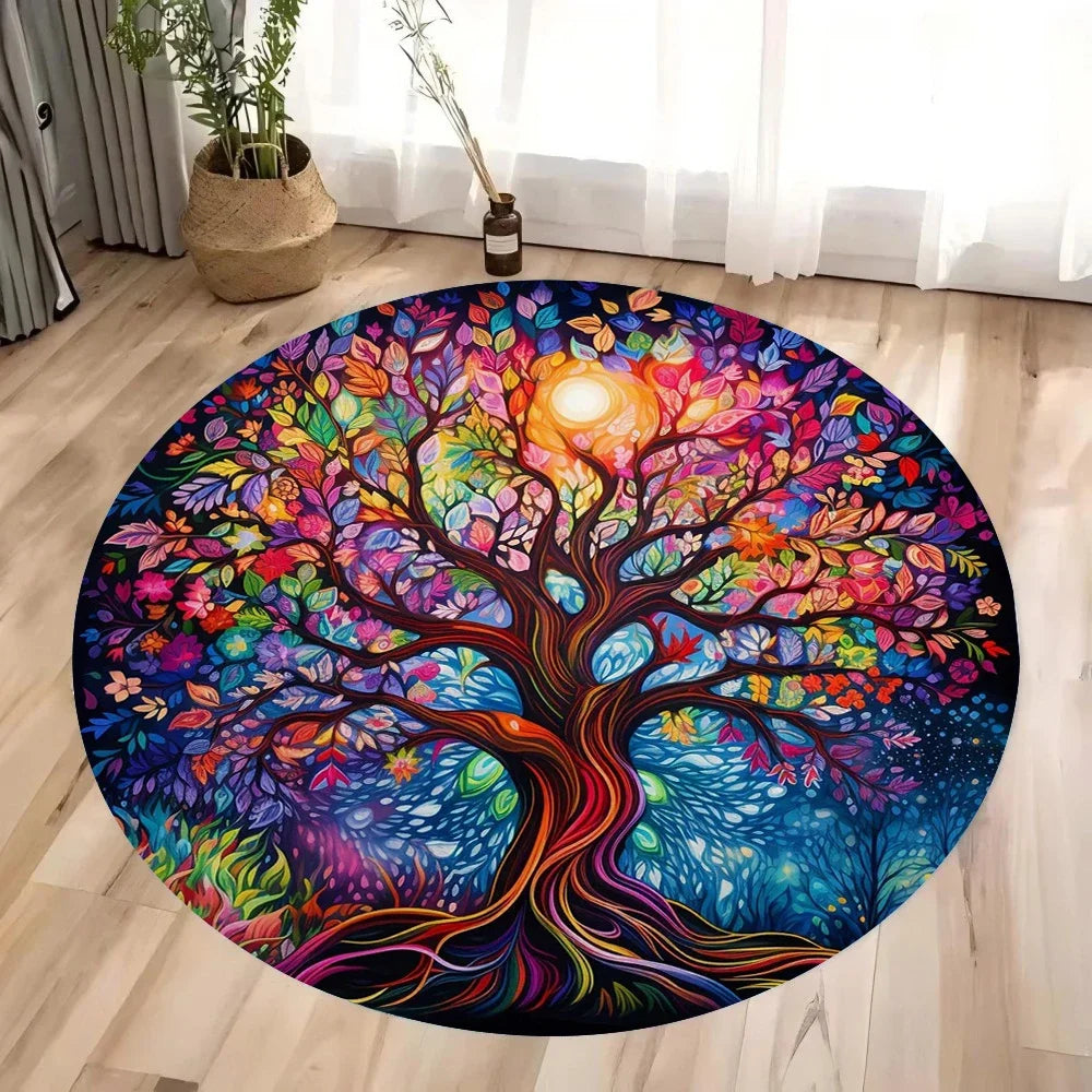 Tree of Life Round Rug Nature Mandala Rug Ancient Spiritual Decor Carpet Meditation Space Rug Washable and Non Slip Floor Mat