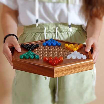 1 Set Solid Wood Checkers Set - Agate Marble Checkers - Glass Ball Pachisi - Children's Strategic Puzzle Game