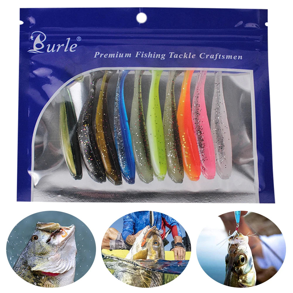 10Pcs 9cm T Tail Worm Soft Bait Plastic Fishing Soft Lure Paddle Tail Swim Baits for Bass Trout Freshwater Saltwater