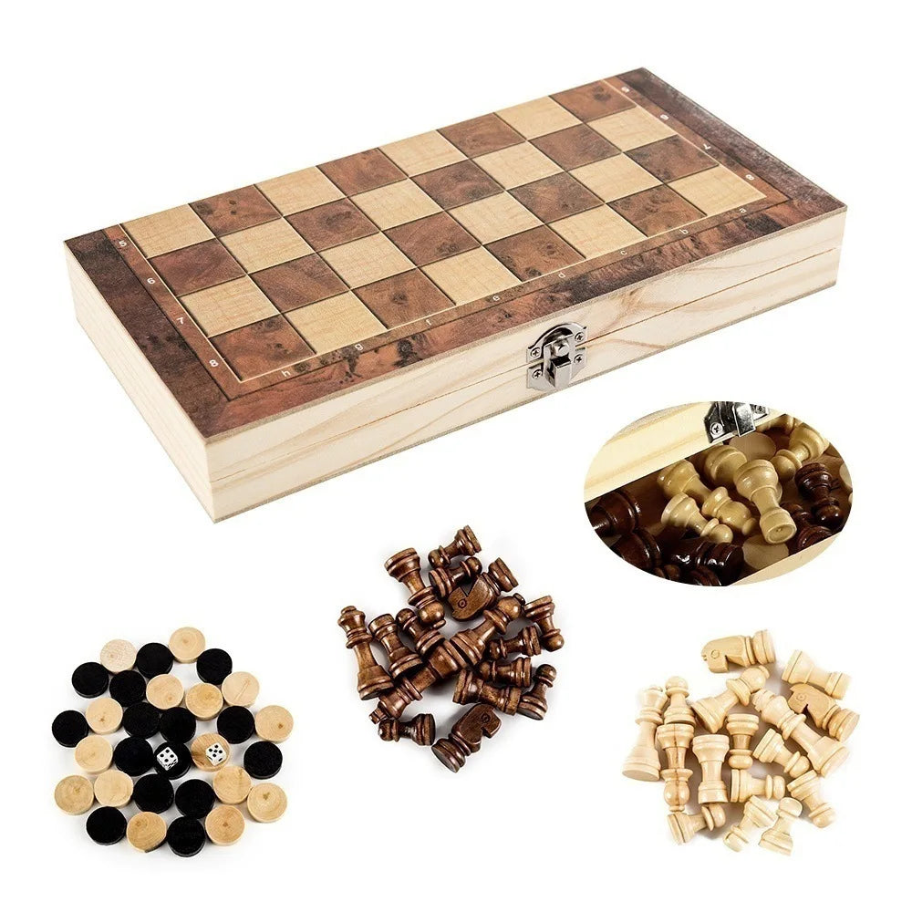 New 3 in 1 Portable Wooden Chess Set - Folding Travel International Chess, Checkers, Backgammon Board Game with Storage Case
