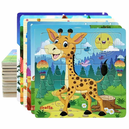 New 20 Piece Wooden 3d Puzzle Cartoon Animal Vehicle Jigsaw Puzzle Montessori Educational Toys For Kids Baby 1 2 3 Years