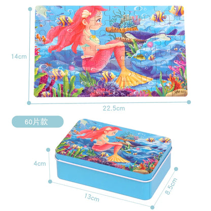 60pcs Jigsaw Cartoon Puzzle With Metal Box, Children's Early Education Animal Vehicle Puzzle, Parent-Child Interaction Game