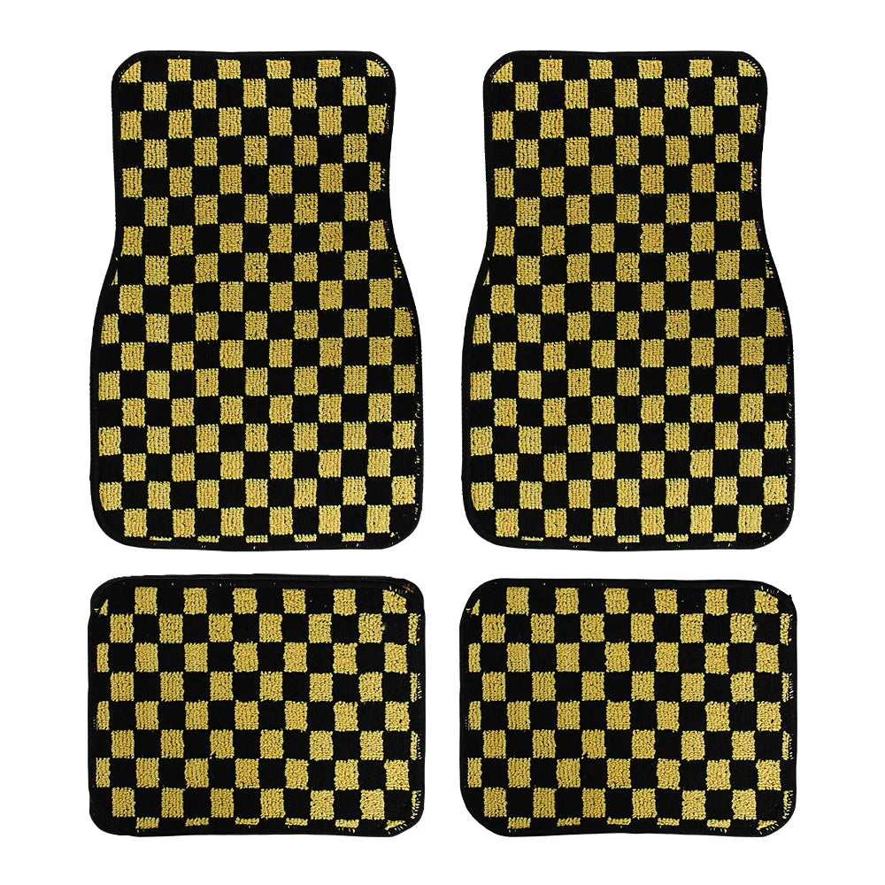 4Pcs JDM Racing  Plush Floor Mat Checkers Vehicle Front Rear Carpets Universal Car Floor Carpet Rugs Non-Slip Car Decoration