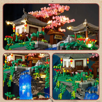 Cherry Blossom Micro Blocks: Chinese Courtyard Model Kits with Peach Pond for Collectors